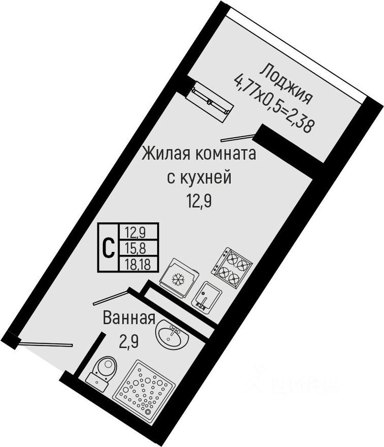 1к. квартира, 18.2 м²