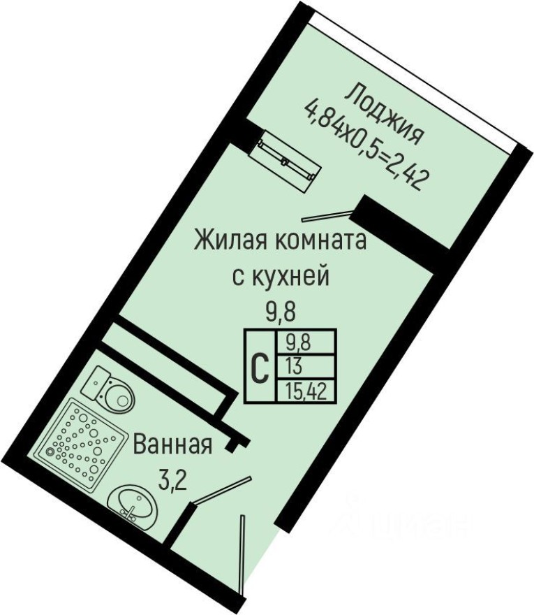 1к. квартира, 15.4 м²