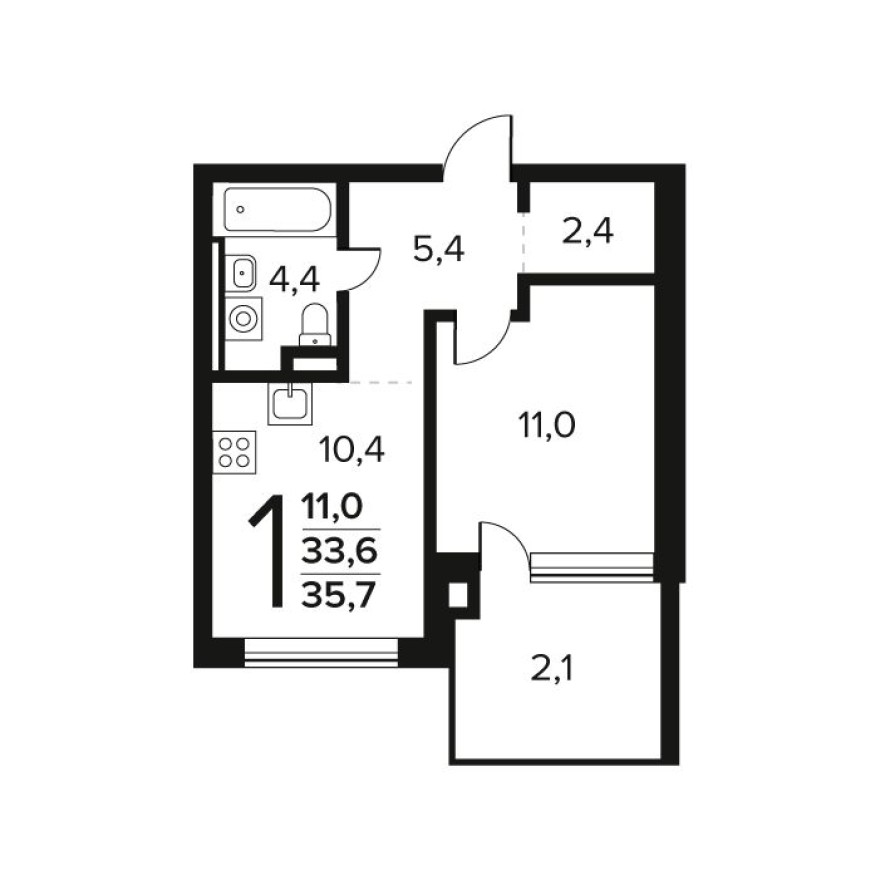 1к. квартира, 35.7 м²