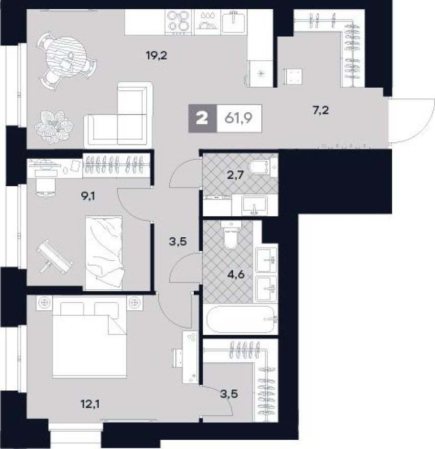 2к. квартира, 61.9 м²