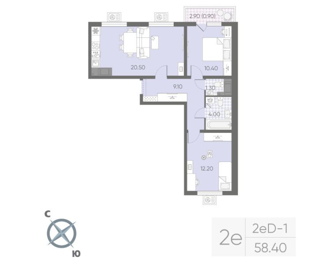 3е квартира, 58.4 м²