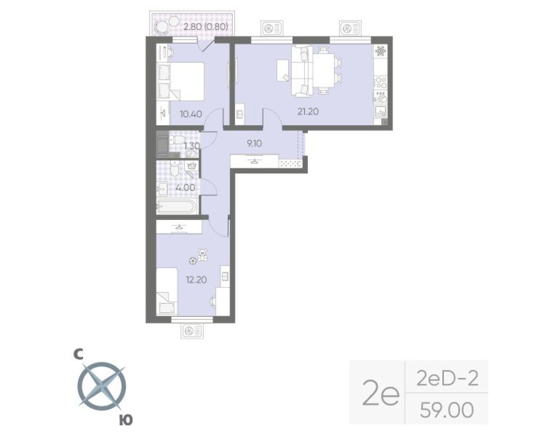 3е квартира, 59.0 м²