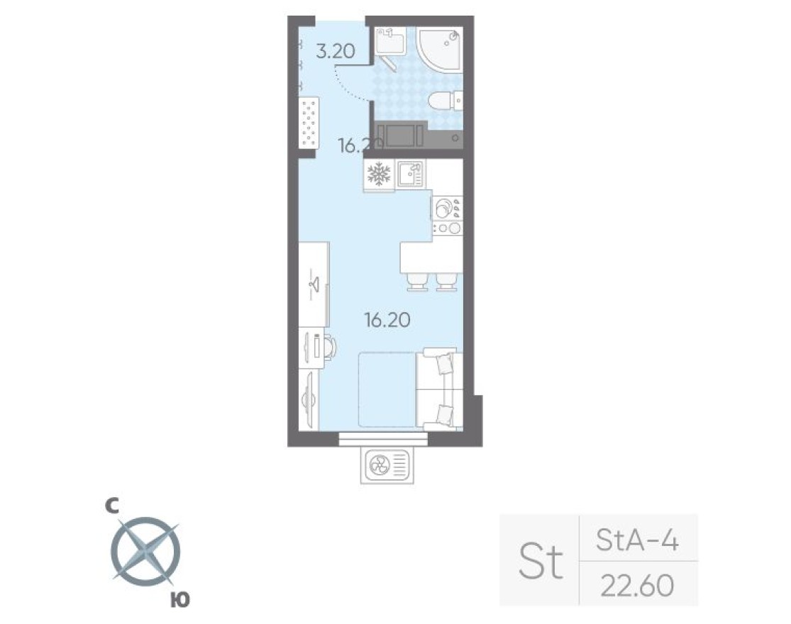 Студия-квартира, 22.6 м²