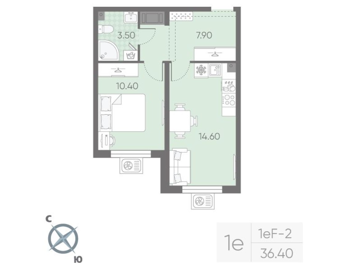 1к. квартира, 36.4 м²