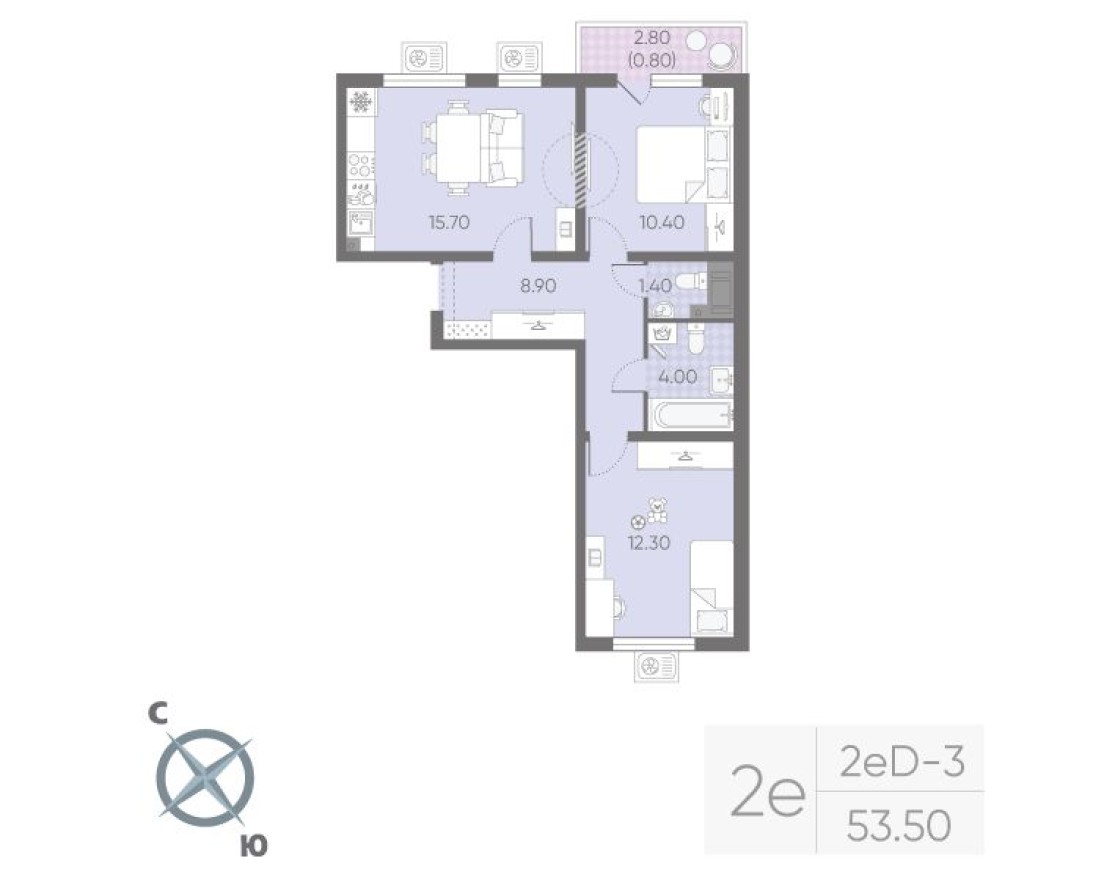3е квартира, 53.5 м²
