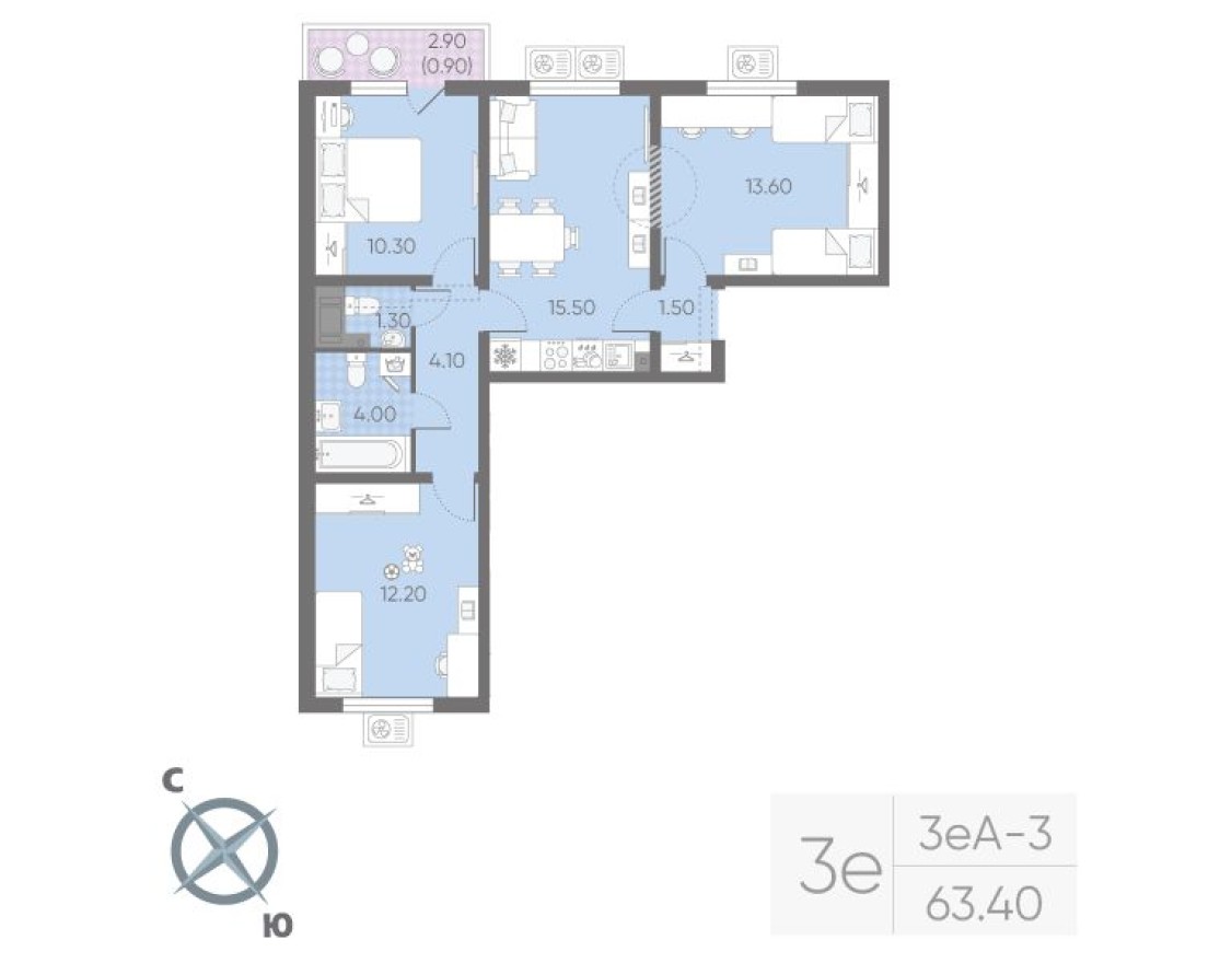 4е квартира, 63.4 м²