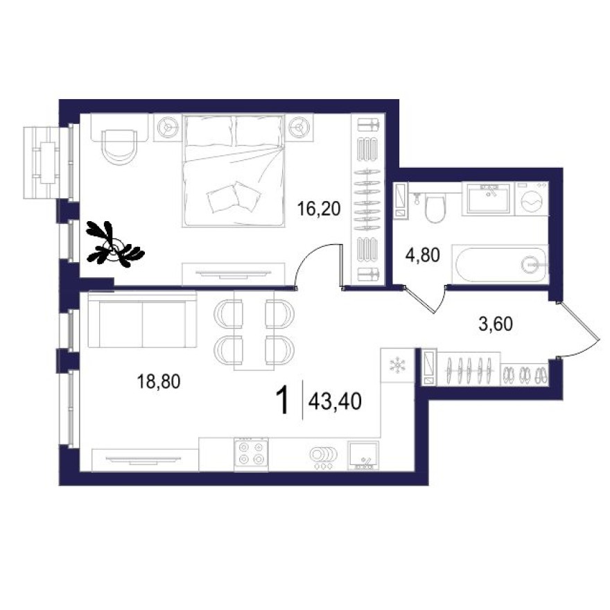 1к. квартира, 43.4 м²