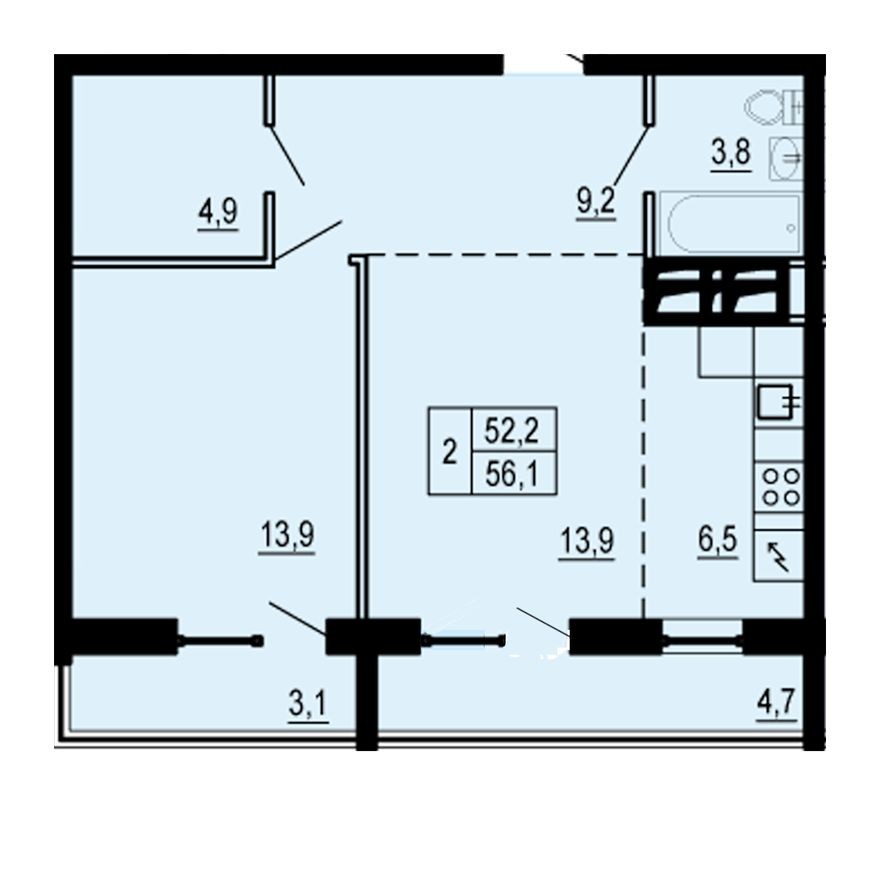 2к. квартира, 52.2 м²