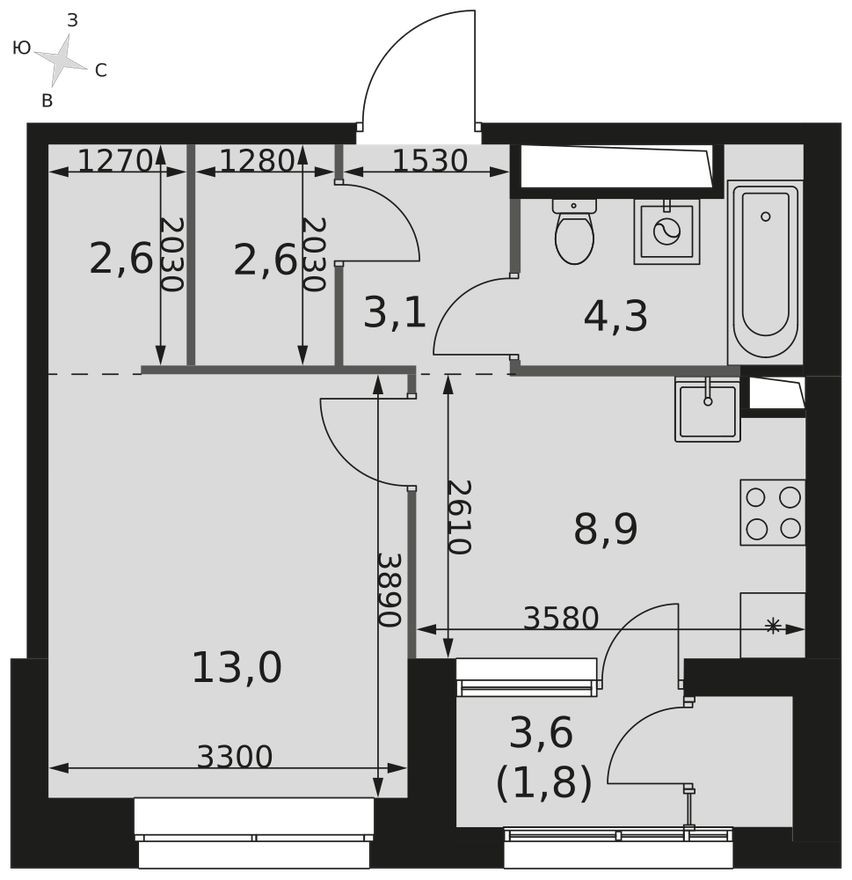 1к. квартира, 36.3 м²