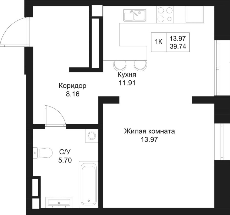 1к. квартира, 39.7 м²