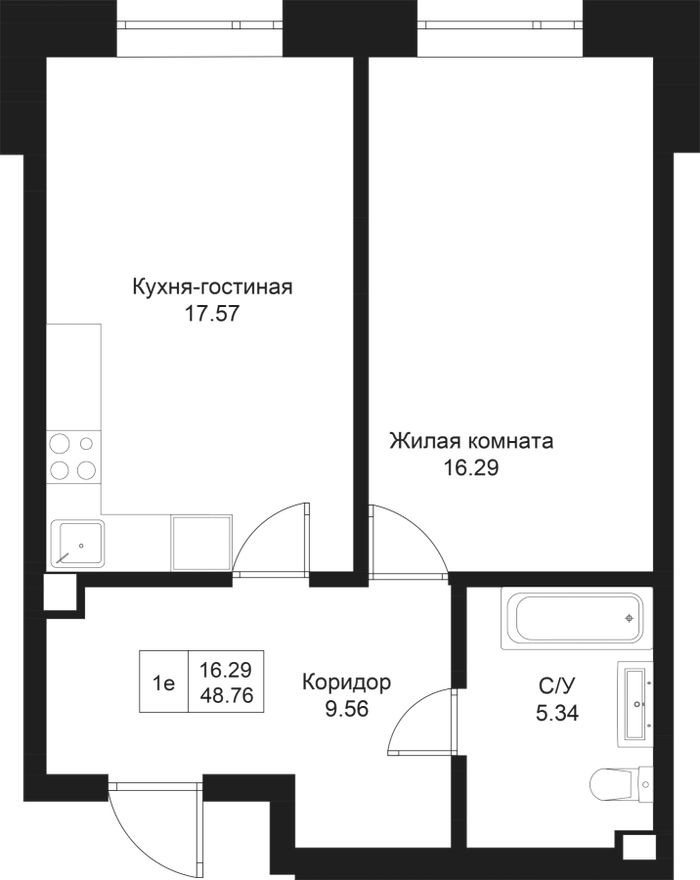 1к. квартира, 48.8 м²