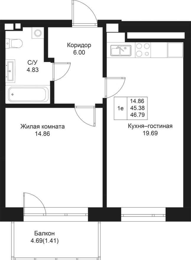 1к. квартира, 46.8 м²