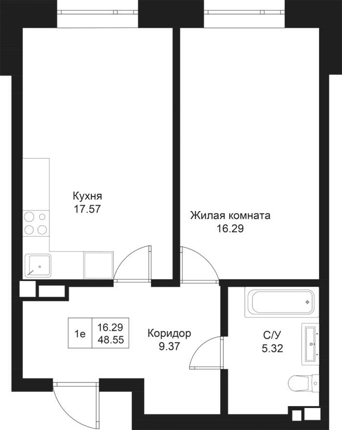 1к. квартира, 48.6 м²