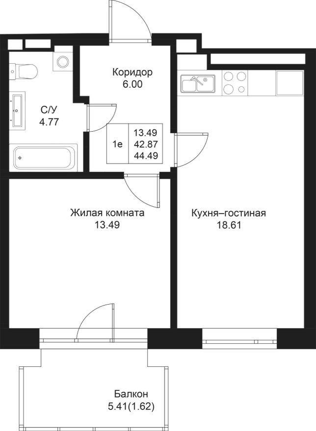 1к. квартира, 44.5 м²