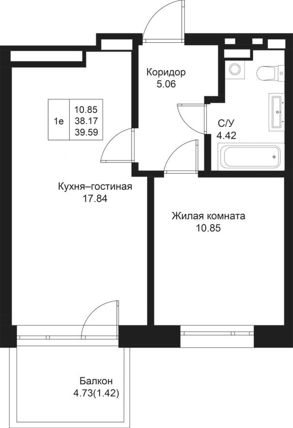 1к. квартира, 39.6 м²