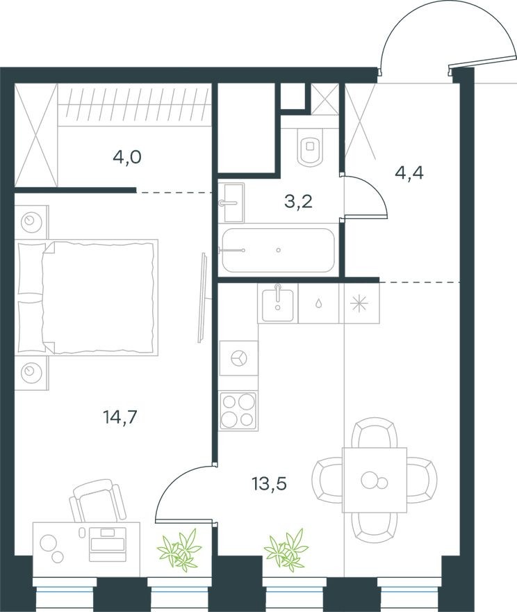 Планировка — 1к. квартира, 39.8 м²