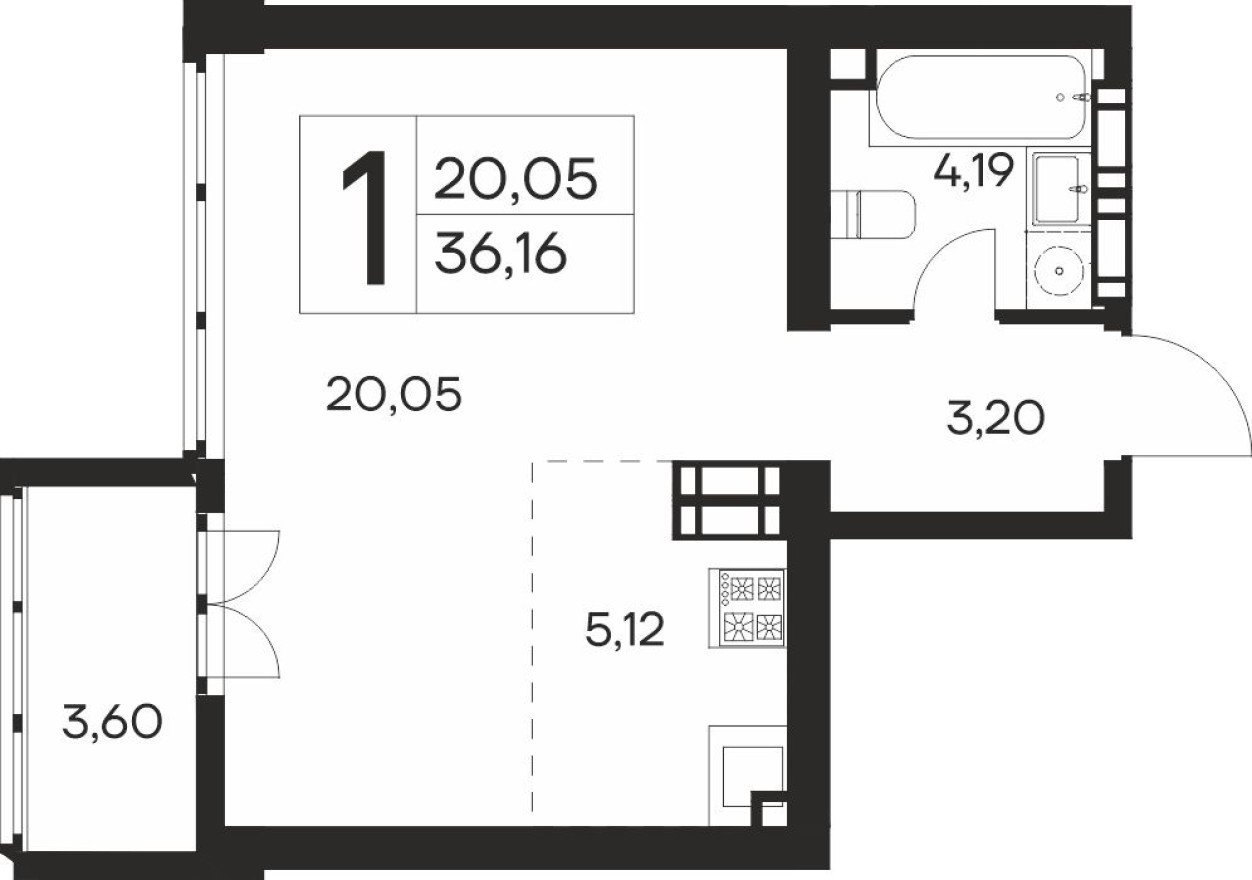 1к. квартира, 36.2 м²
