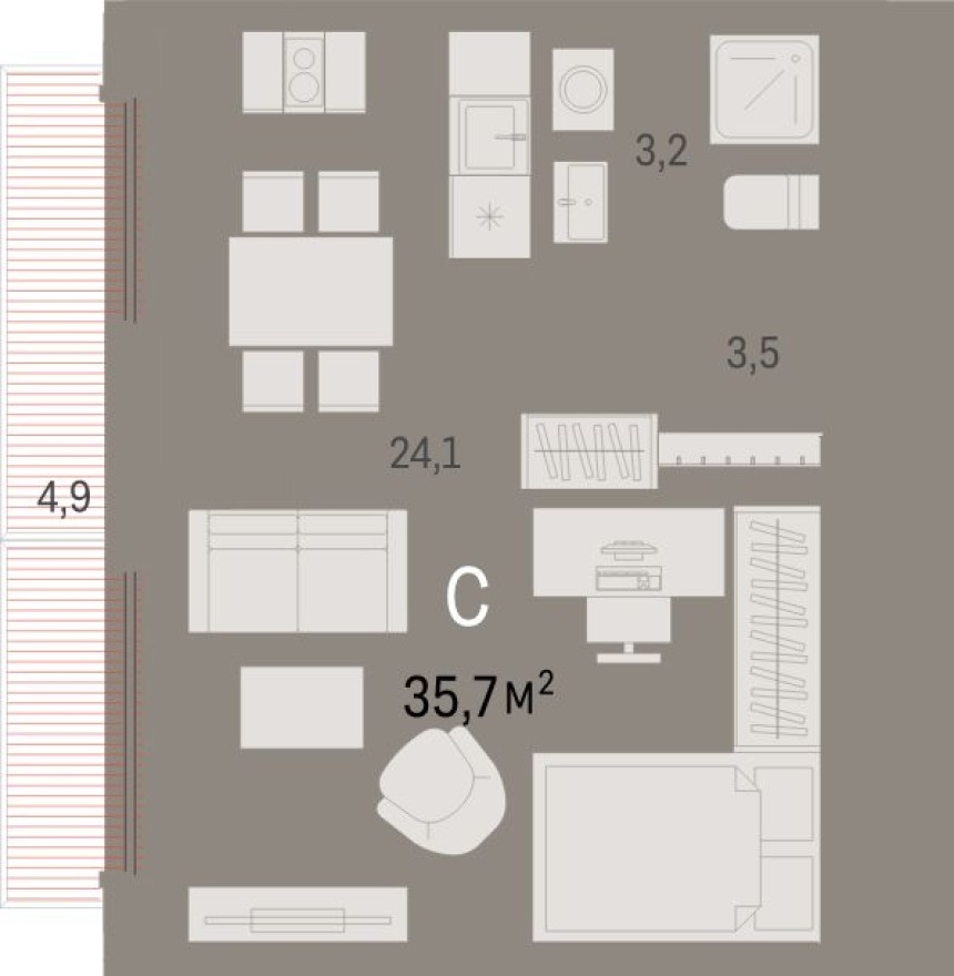 Студия-квартира, 35.7 м²