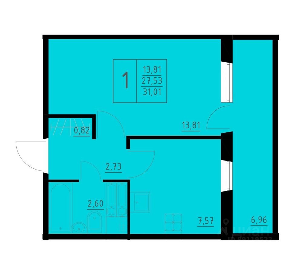 1к. квартира, 31.0 м²