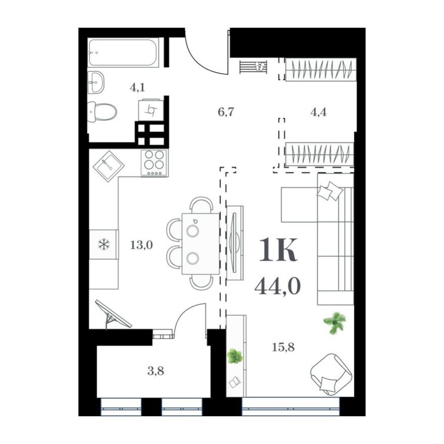 1к. квартира, 46.9 м²