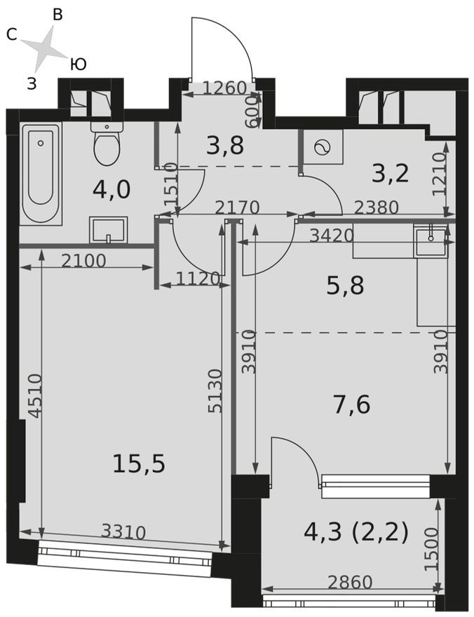 1е квартира, 42.1 м²