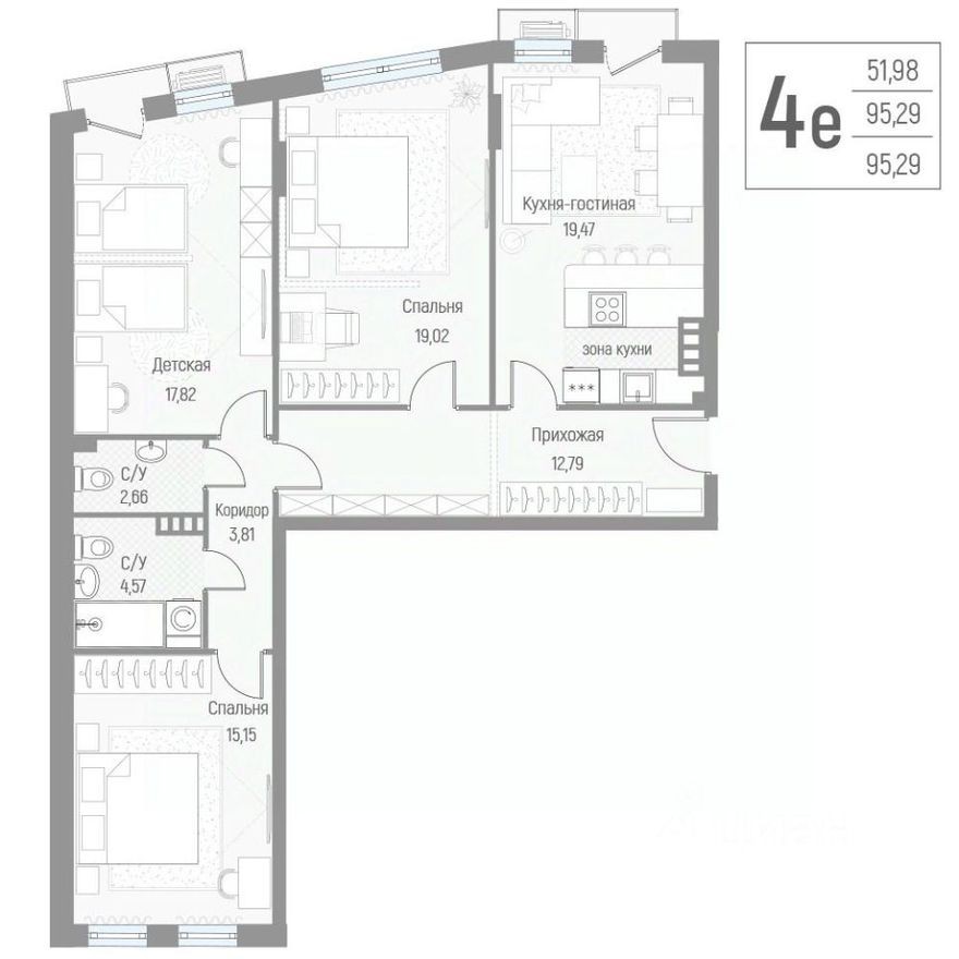 4к. квартира, 95.4 м²