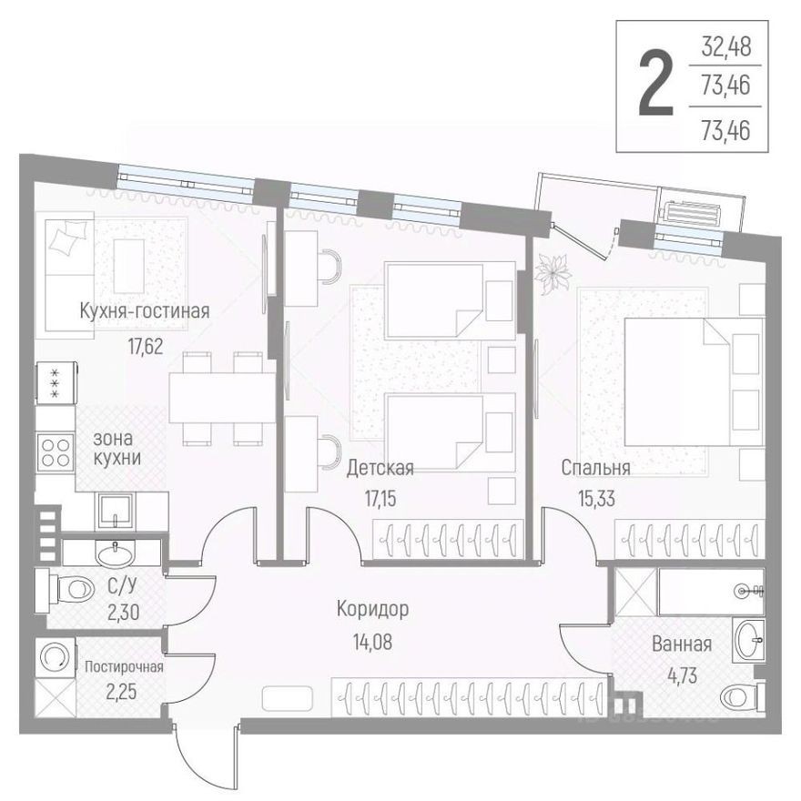 2к. квартира, 73.4 м²
