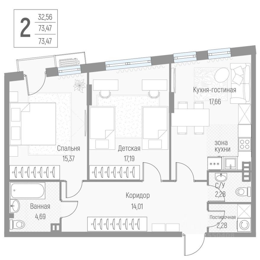 2к. квартира, 73.4 м²