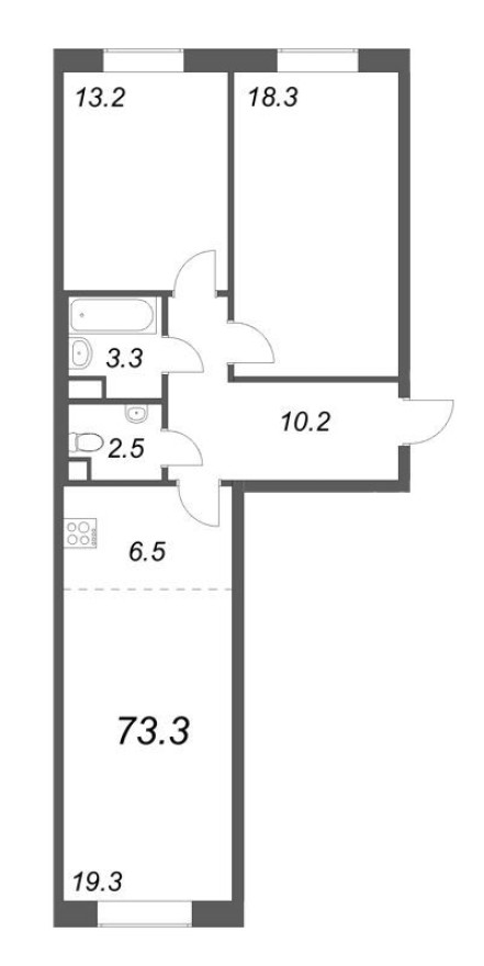 3е квартира, 73.1 м²