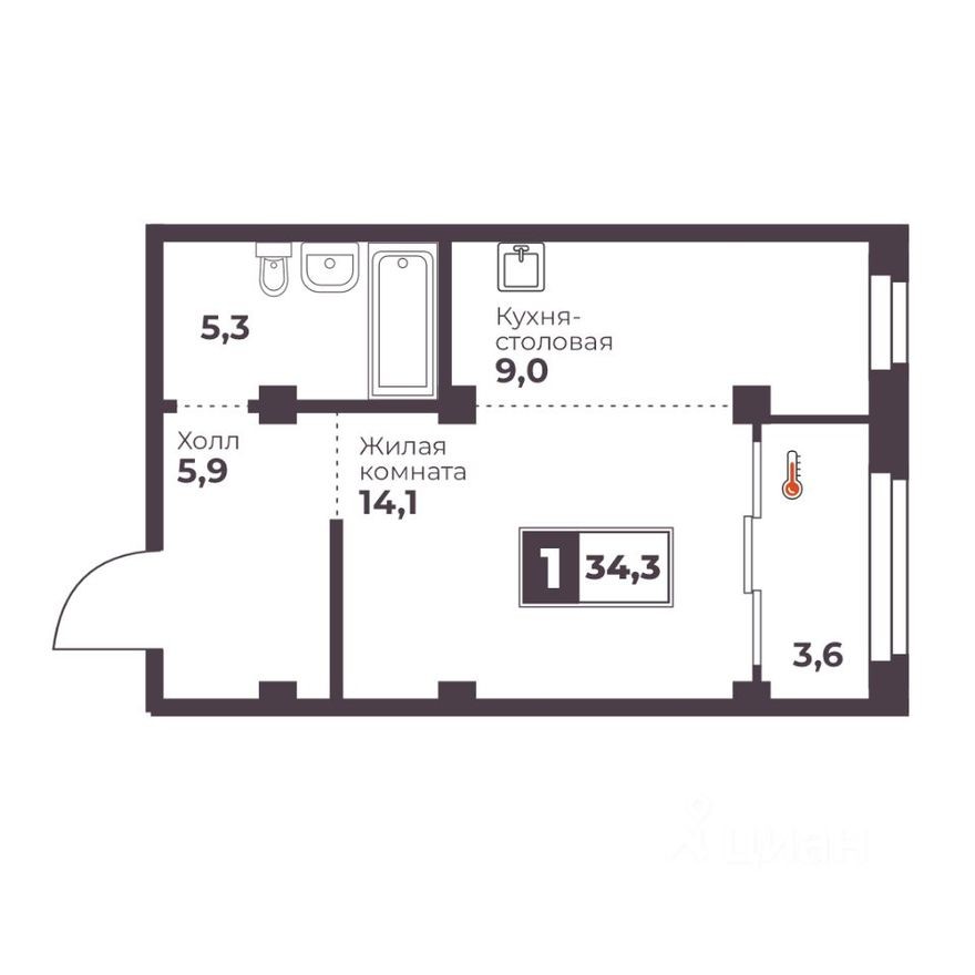 1к. квартира, 34.3 м²