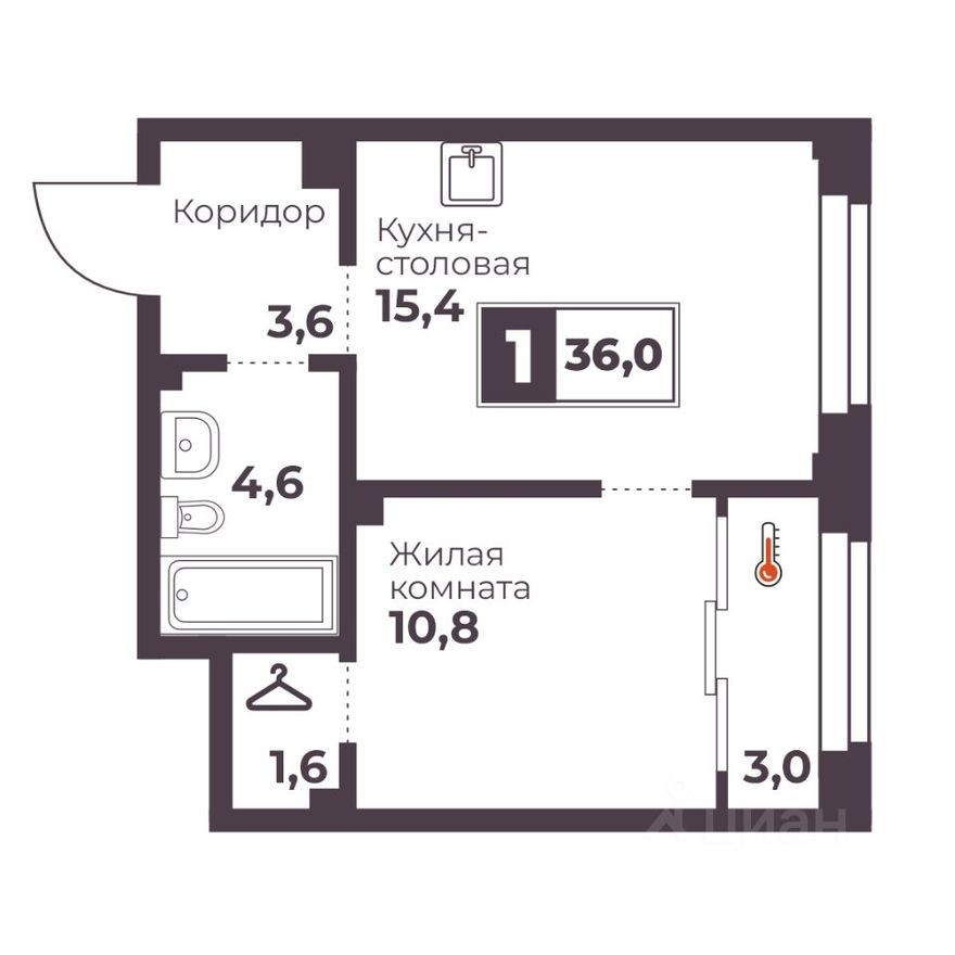 1к. квартира, 36.0 м²