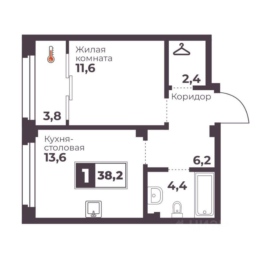 1к. квартира, 38.2 м²