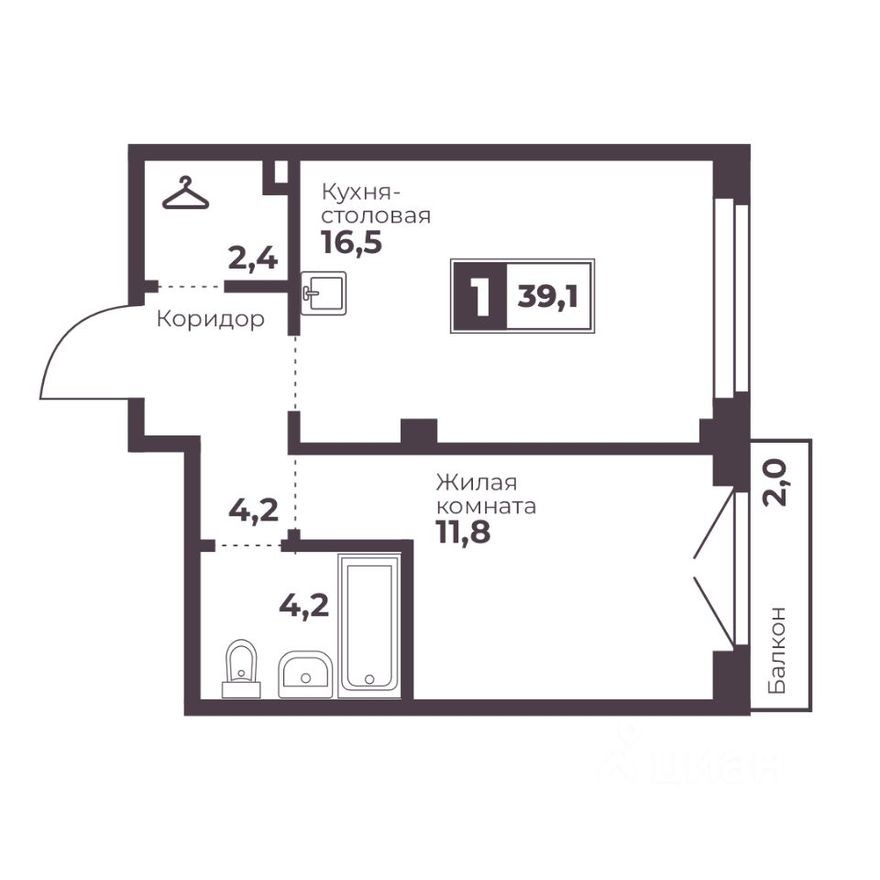 1к. квартира, 39.1 м²
