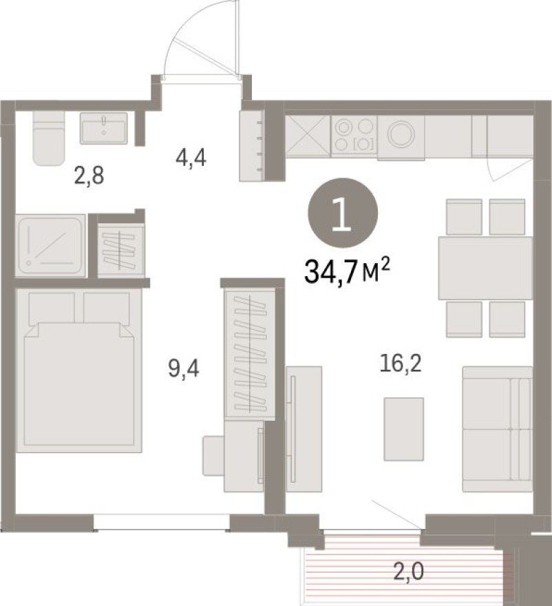 1к. квартира, 34.7 м²