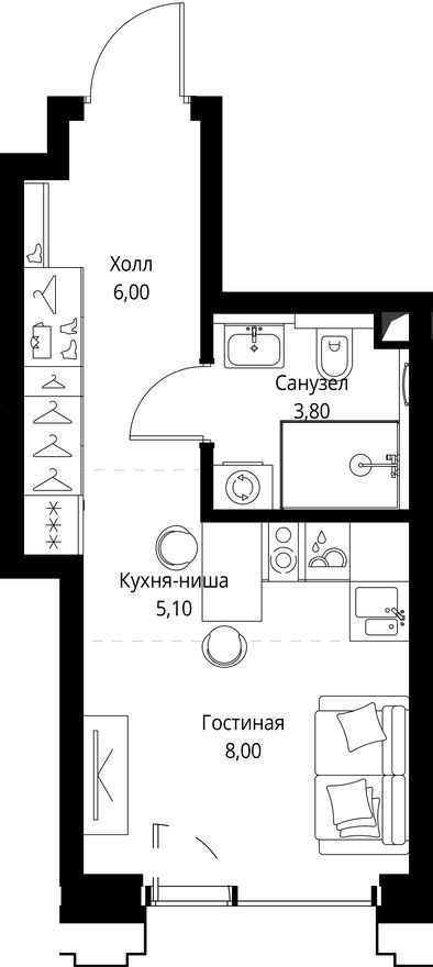 Студия-квартира, 22.9 м²
