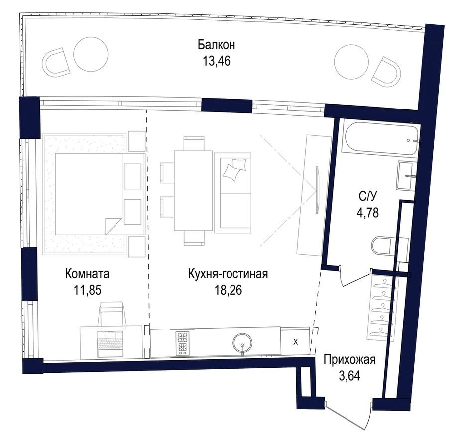 Студия-квартира, 52.0 м²