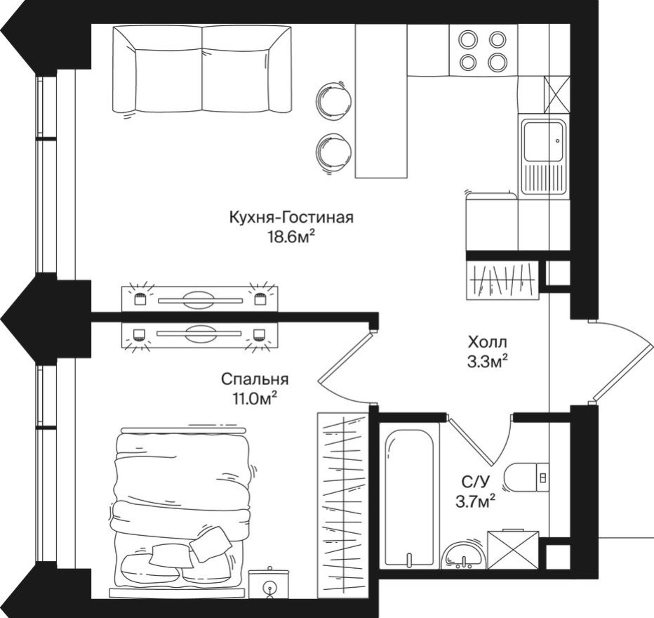 1к. квартира, 36.6 м²