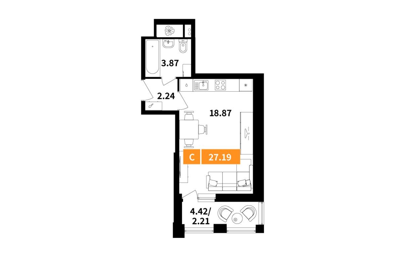 Студия-квартира, 27.2 м²