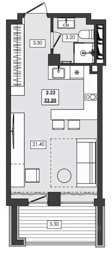 1к. апартаменты, 33.2 м²