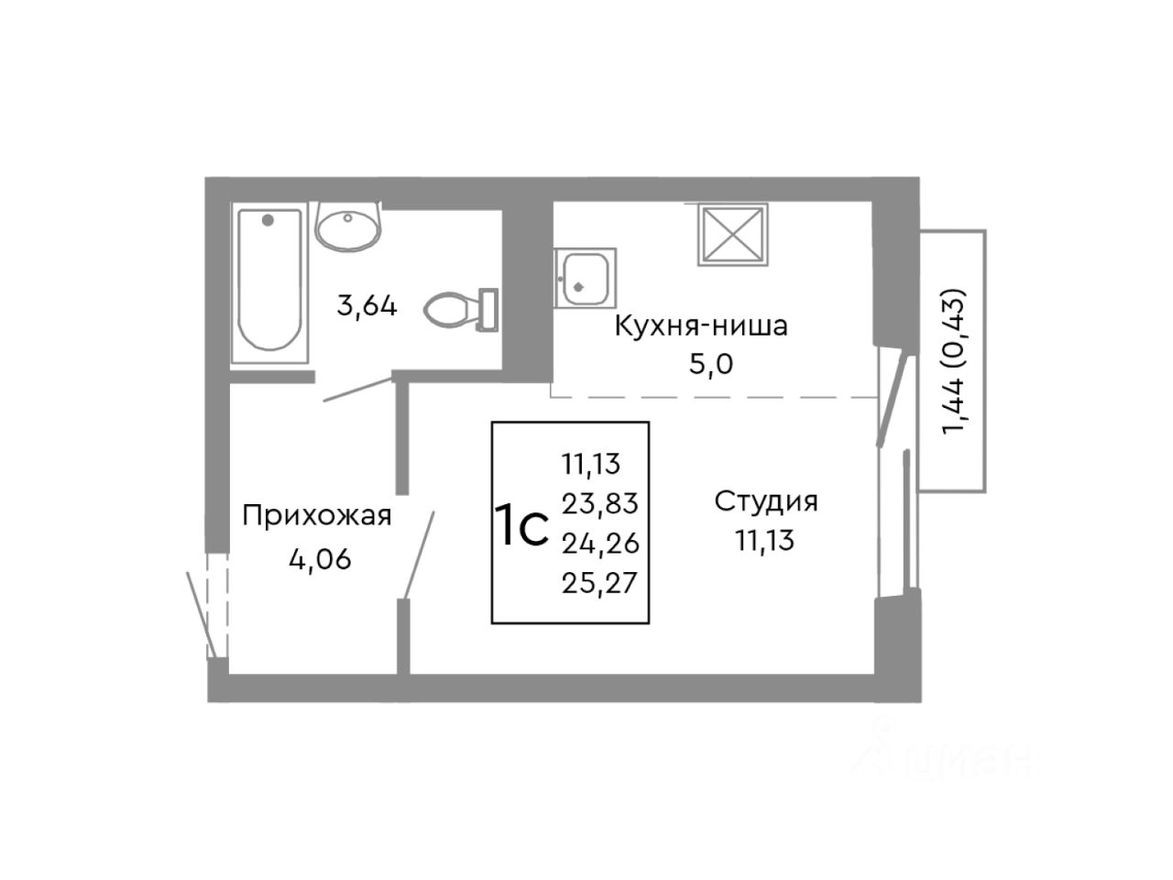 1к. квартира, 24.3 м²