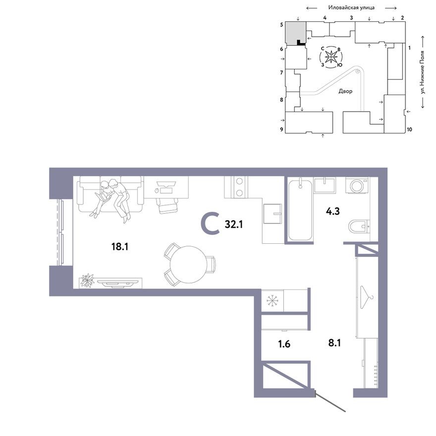 Студия-квартира, 32.1 м²