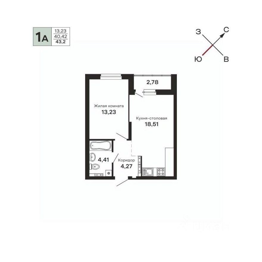 1к. квартира, 43.2 м²