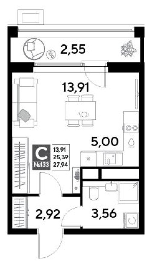 Студия-квартира, 27.9 м²