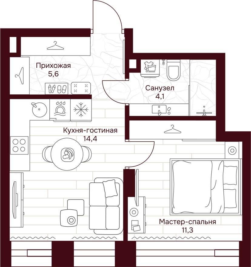 1к. квартира, 35.4 м²