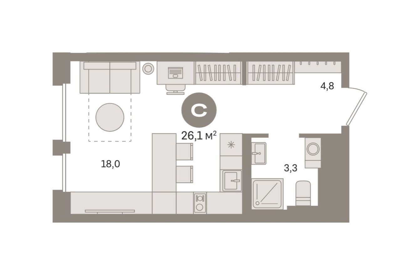 Студия-квартира, 26.1 м²