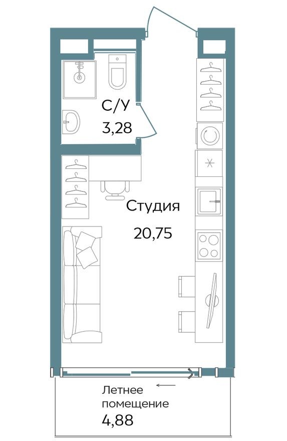 Студия-апартаменты, 28.9 м²