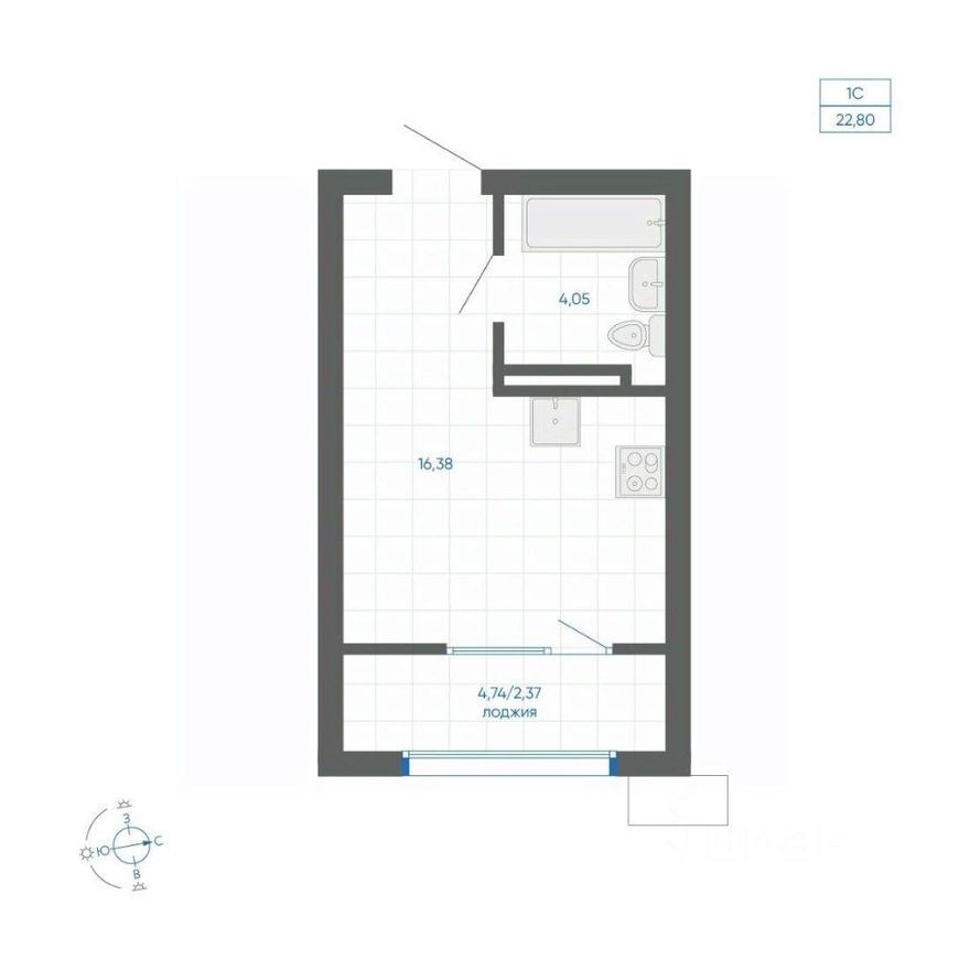 1к. квартира, 22.8 м²