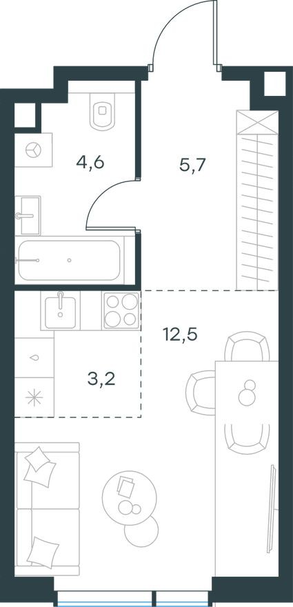 Студия-квартира, 26.0 м²
