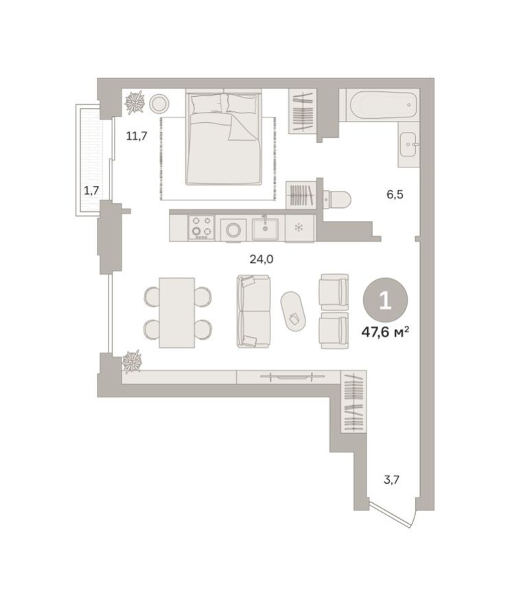 1к. квартира, 47.6 м²