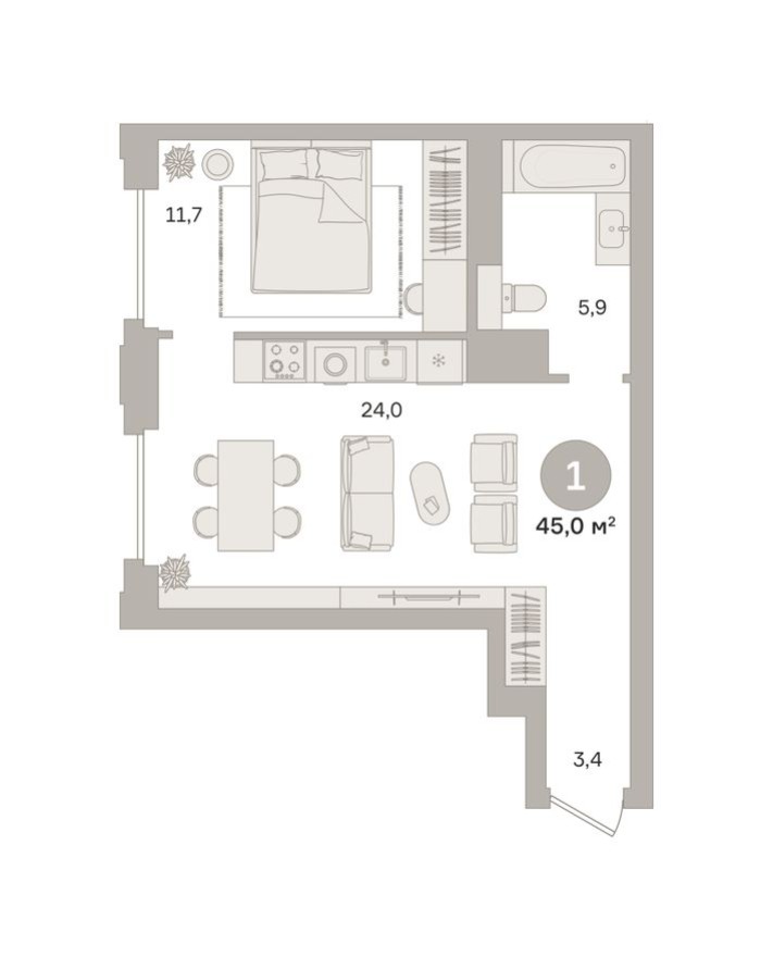 1к. квартира, 45.0 м²